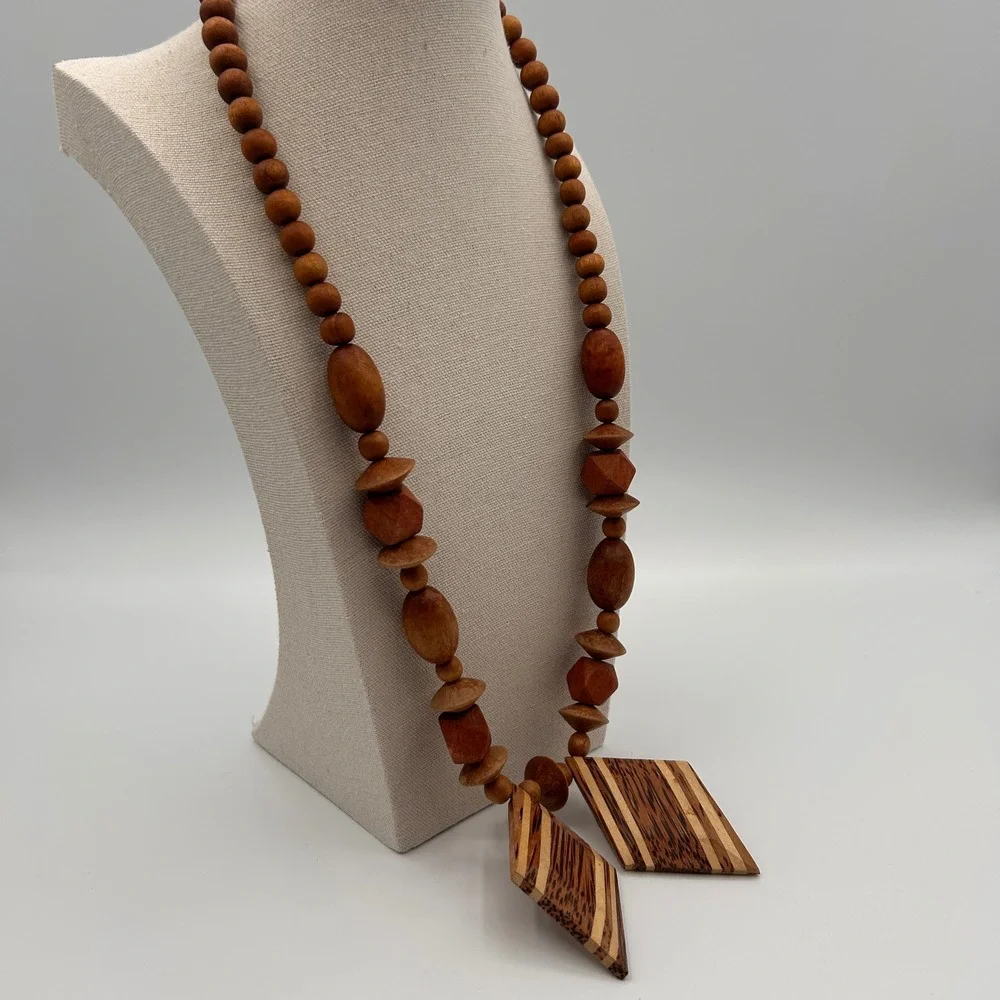 Vintage Boho Natural Wood Beaded Necklace Stripe Geometric Pendant Statement 24